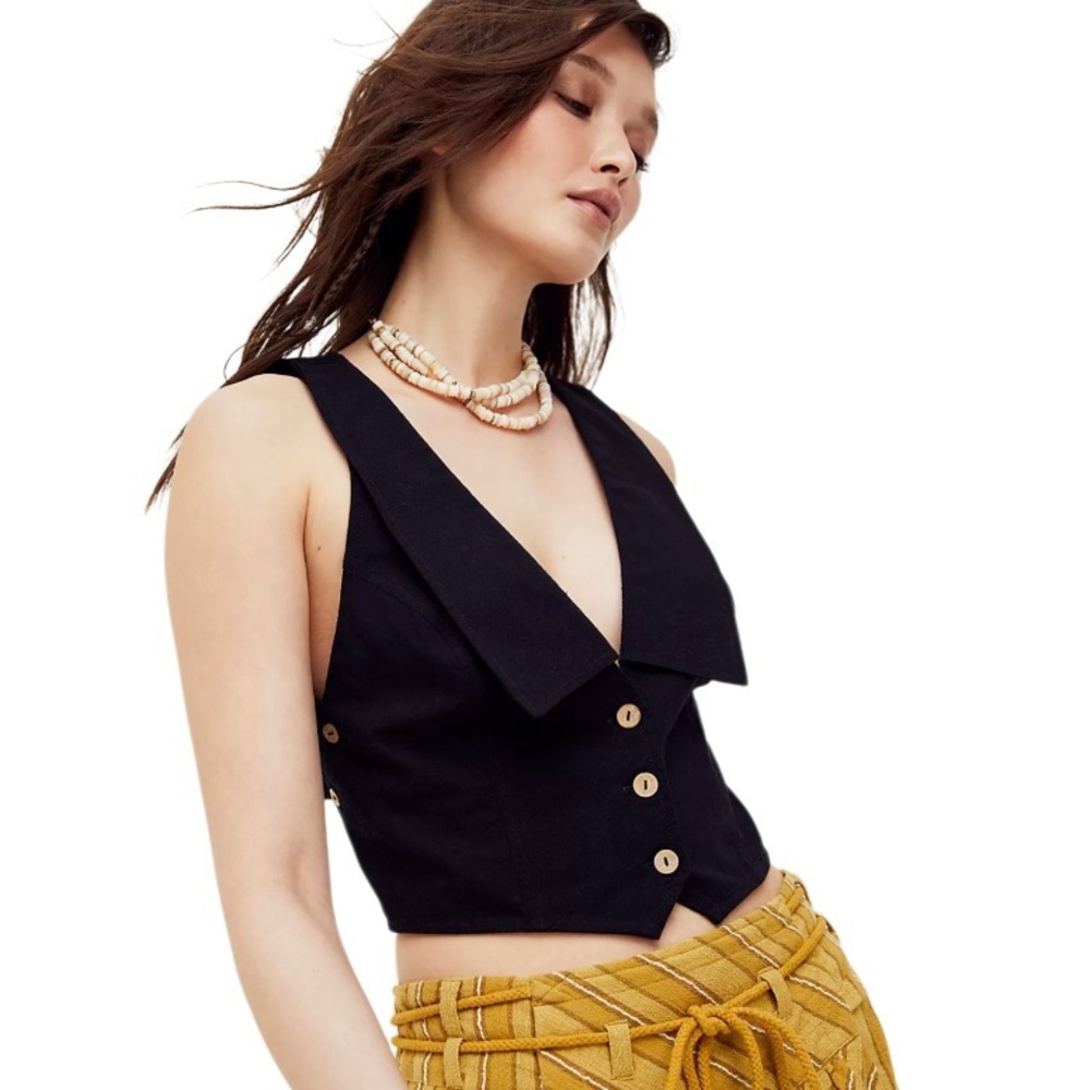 Free People Izi Crop Black Cotton Vest Side and Front‎ Buttons Back Tie Sz SP